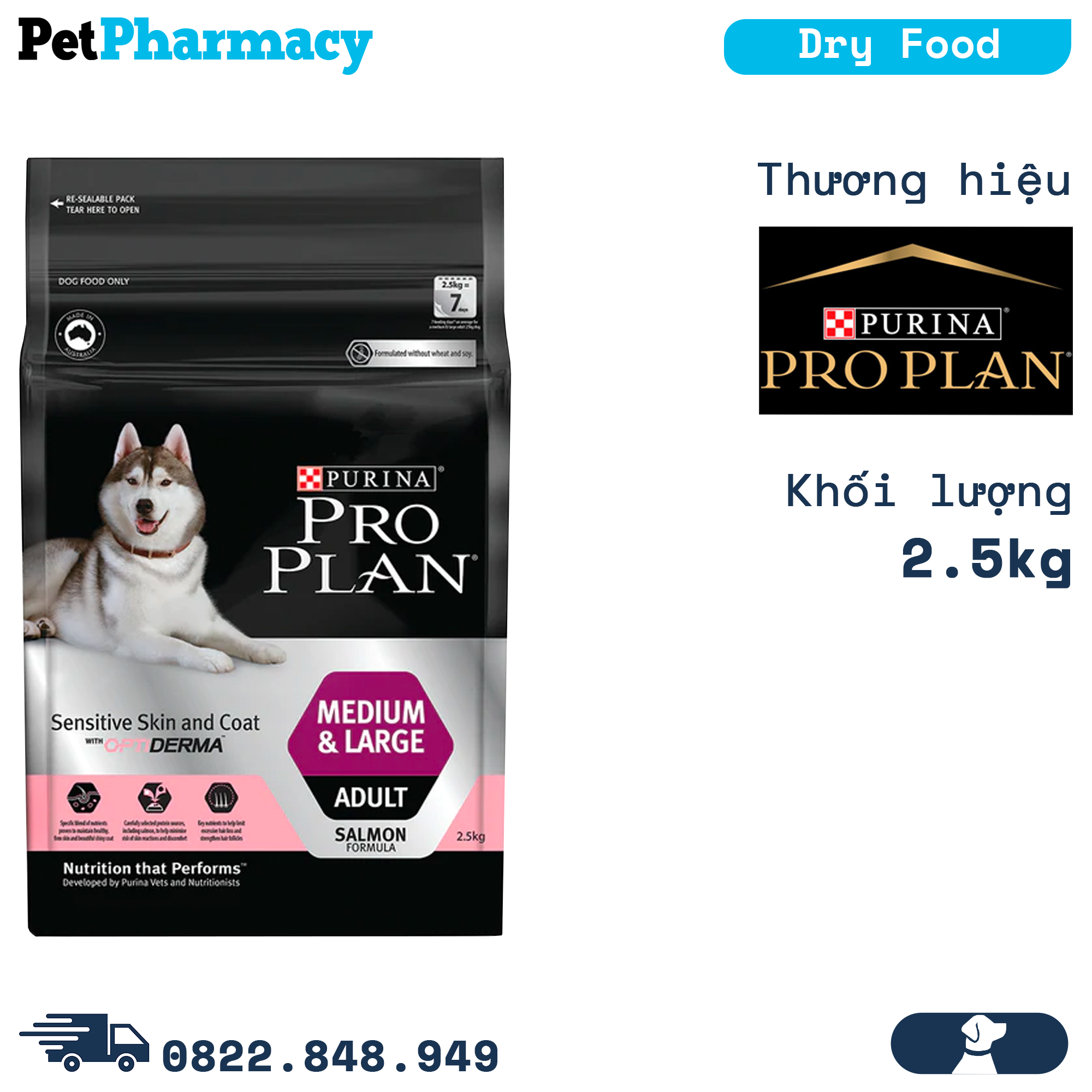  Thức ăn chó Purina PRO PLAN Medium Large Adult Sensitive Skin Coat 2.5kg - Dành cho da nhạy cảm dễ dị ứng giống chó lớn PetPharmacy 