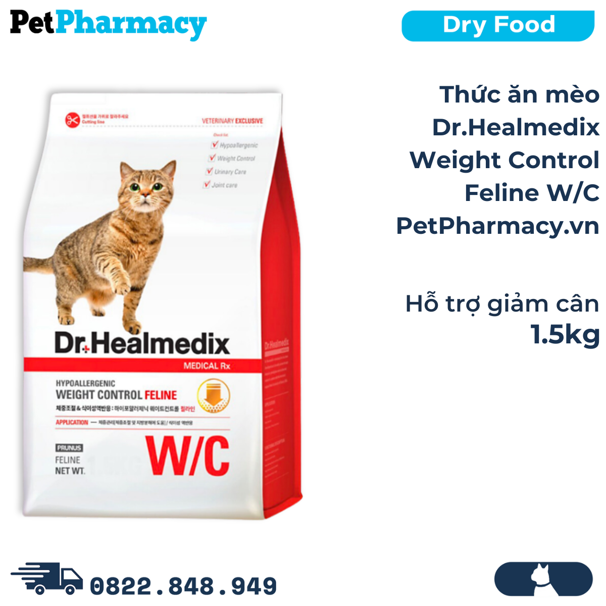  Thức ăn mèo Dr.Healmedix Weight Control Feline W/C 1.5kg - Hỗ trợ giảm cân 