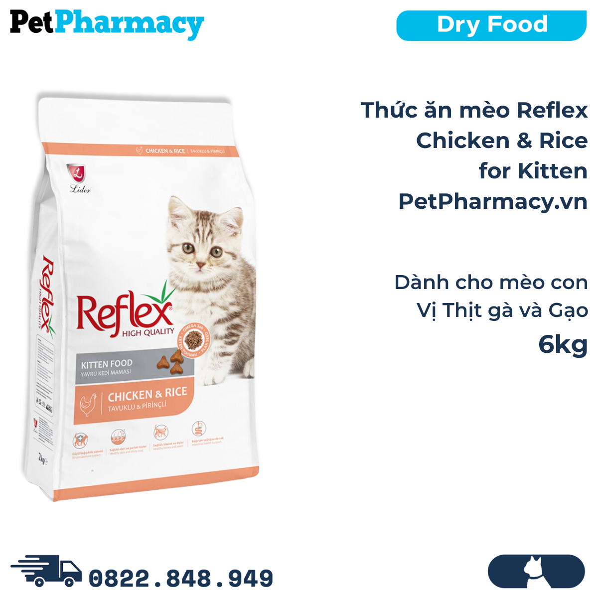  Thức ăn mèo Reflex Chicken & Rice Kitten 6kg - Dành cho mèo con, vị thịt gà và gạo 