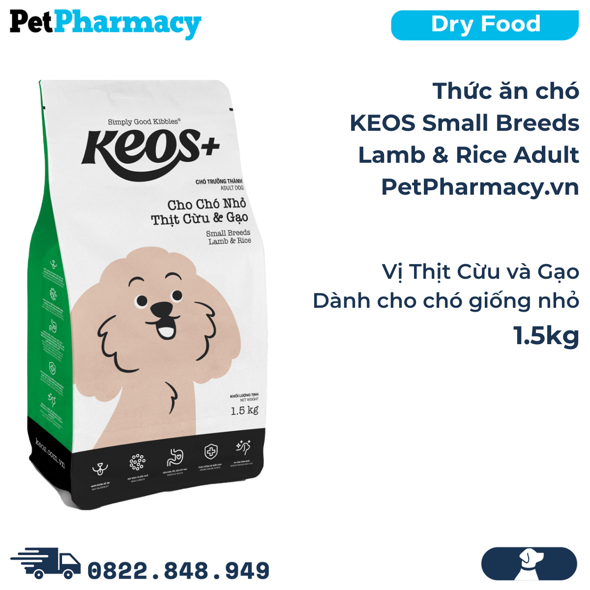  Thức ăn chó KEOS Small Breeds Lamb & Rice Adult 1.5kg - Vị Thịt Cừu và Gạo, dành cho chó giống nhỏ 
