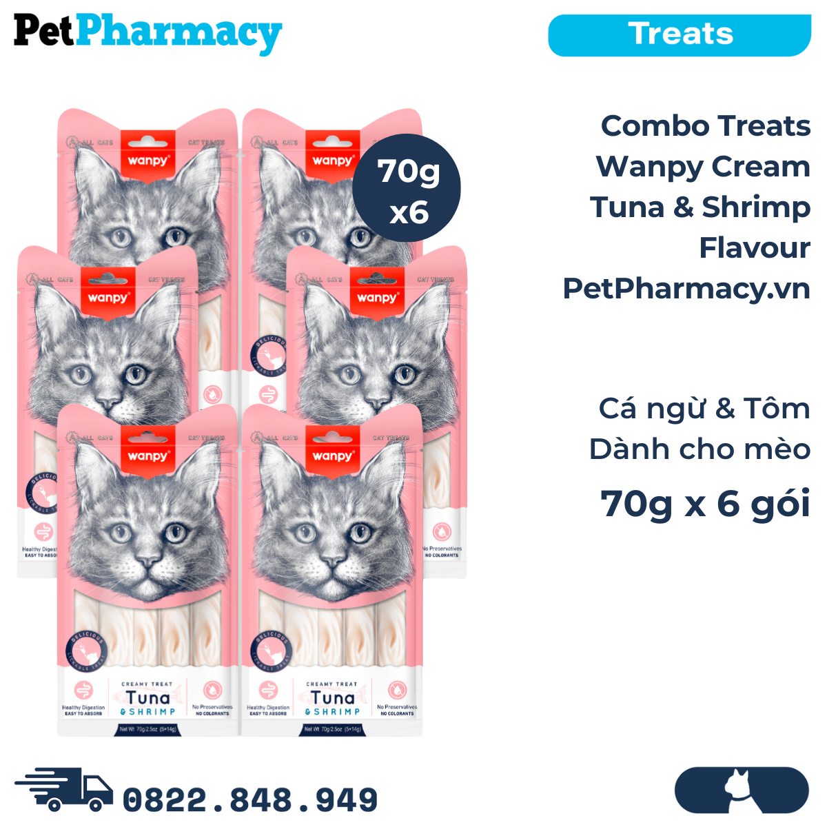  Combo Treats WANPY Cream Tuna & Shrimp 70g - 6 gói - Cá ngừ và tôm dành cho Mèo 