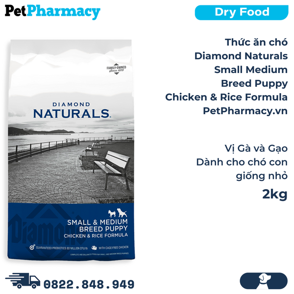  Thức ăn chó Diamond Naturals Small Medium Breed Puppy Chicken & Rice Formula 2kg -Vị Gà và Gạo, dành cho chó con giống nhỏ 