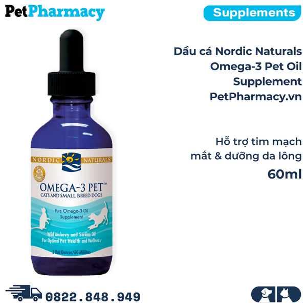  Dầu cá Nordic Naturals Omega-3 Pet Oil Supplement 60ml - Hỗ trợ tim mạch, mắt & dưỡng da lông 