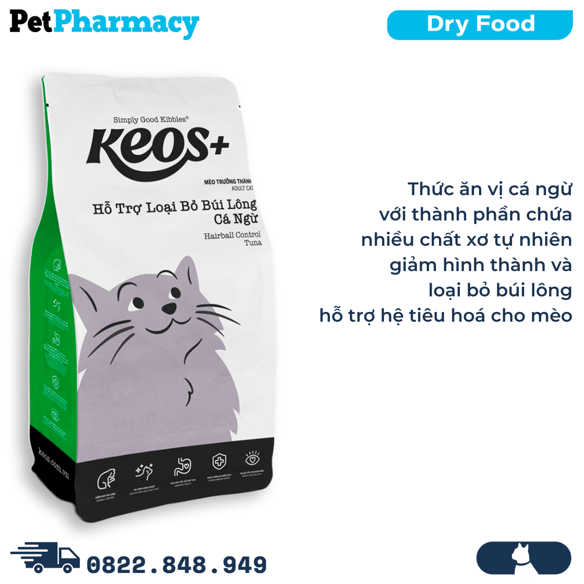  Thức ăn mèo KEOS+ Hairball Control Tuna Adult Cat 1.5kg - Vị Cá ngừ, hỗ trợ loại bỏ búi lông 