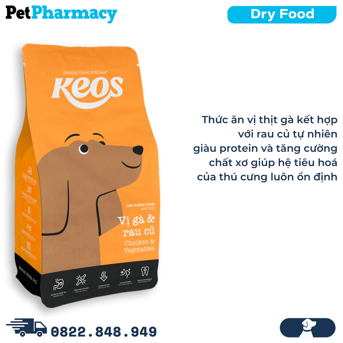  Thức ăn chó KEOS Chicken & Vegetables Adult Dog 1.5kg - Vị Gà & Rau củ, dành cho chó trưởng thành 