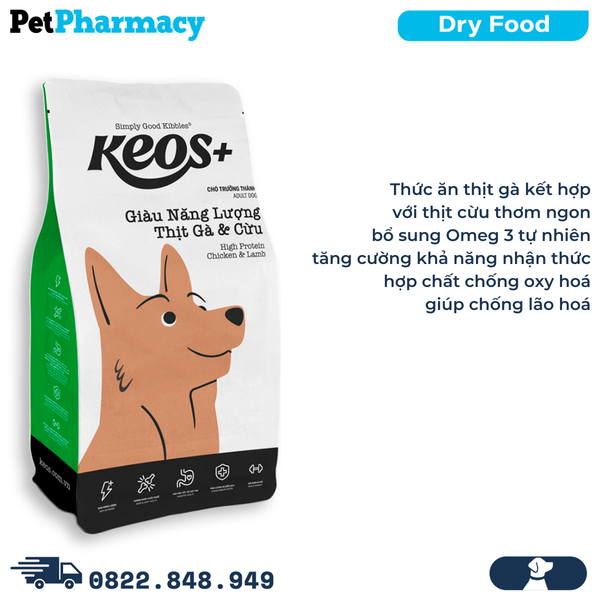 Thức ăn chó KEOS+ High Protein Chicken & Lamb Adult Dog 6kg - Vị thịt Gà và thịt Cừu, bổ sung năng lượng 