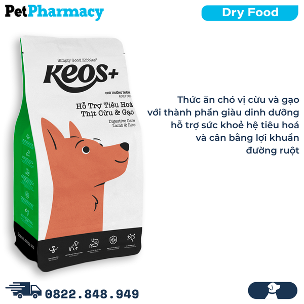  Thức ăn chó KEOS+ Digestive Care Lamb & Rice Adult Dog 6kg - Vị thịt Cừu & Gạo, hỗ trợ tiêu hoá 