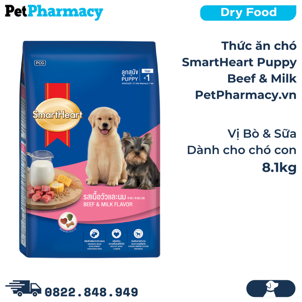  Thức ăn chó SmartHeart Puppy Beef Milk 8.1kg - Vị Bò & Sữa, dành cho chó con 