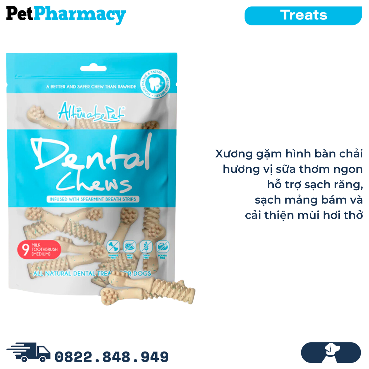  Xương gặm thơm miệng Dental Chews Toothbrush size Medium 150g - 9 milk - Bàn chải vị sữa 