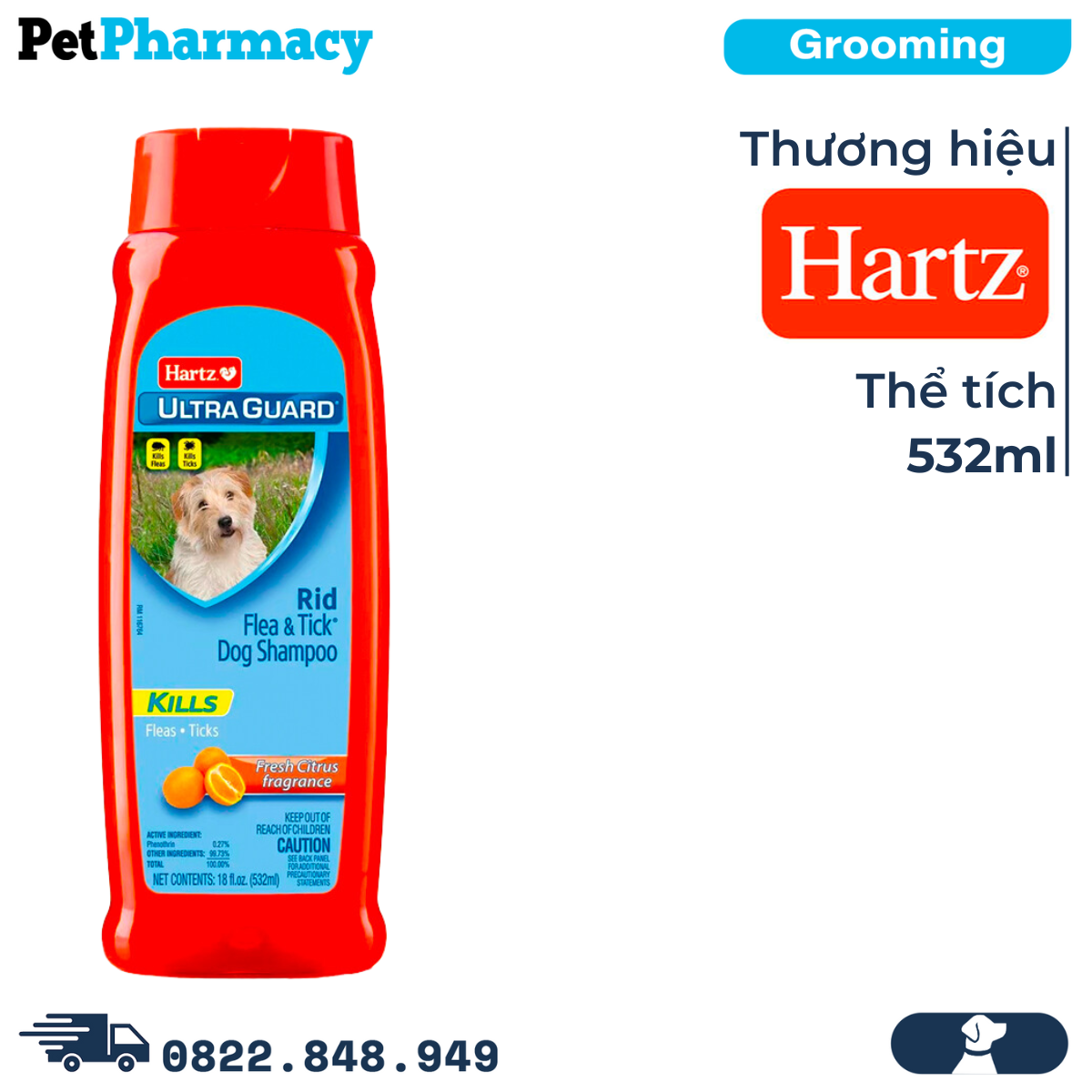  Sữa tắm Hartz Ultra Guard Rid Flea & Ticks Fresh Citrus Fragrance Dog Shampoo 532ml - Hương Cam, trị ve bọ chét cho Chó 