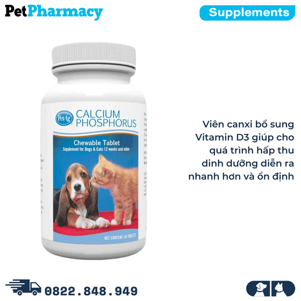  Viên canxi PetAg Calcium Phosphorus Chewable Tablet Supplement for Dogs & Cats - 50 viên - Bổ sung canxi cho Chó và Mèo 