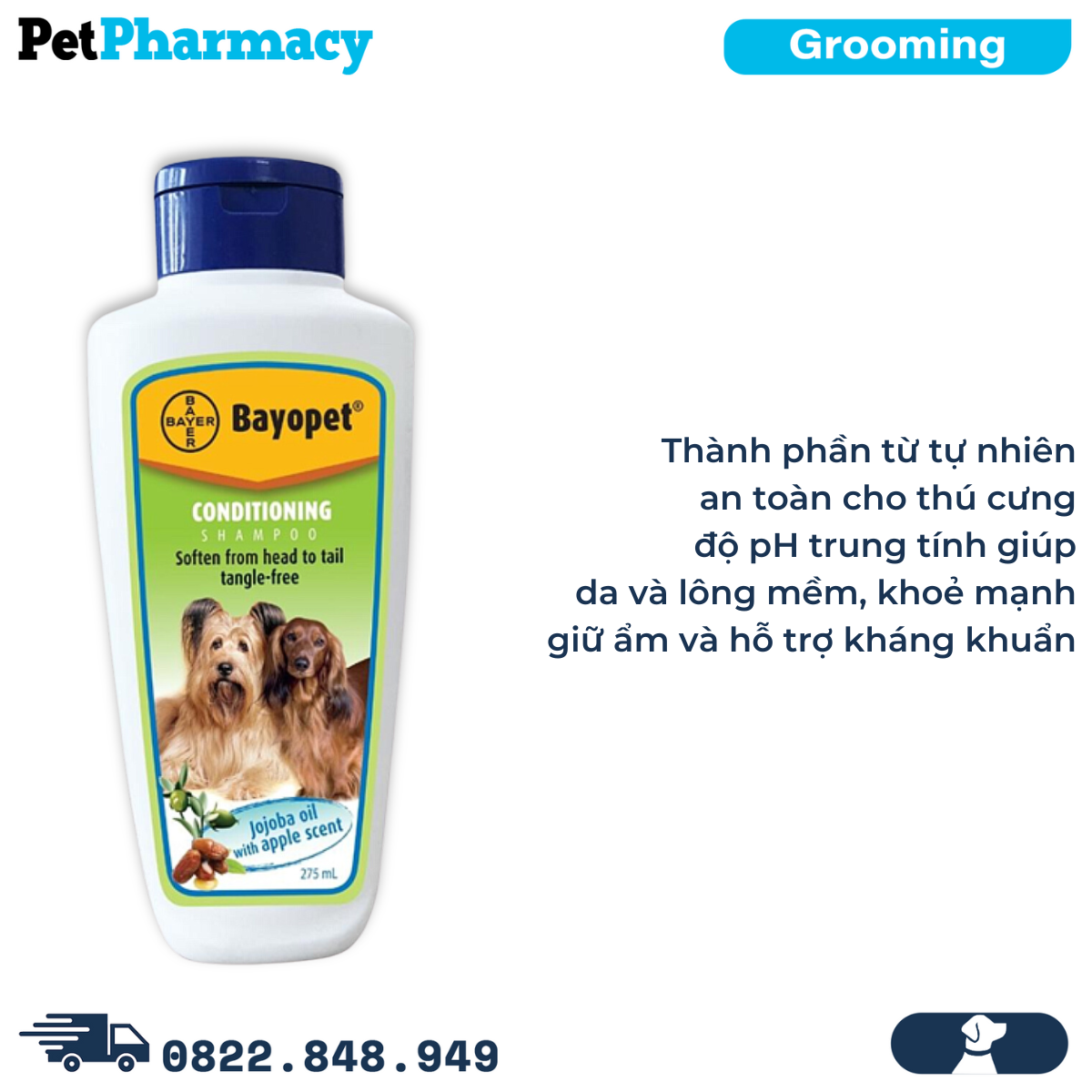  Sữa tắm Bayer Bayopet Conditioning Shampoo 275ml - Chiết xuất từ dầu Jojoba, mượt lông, ngừa xơ rối 