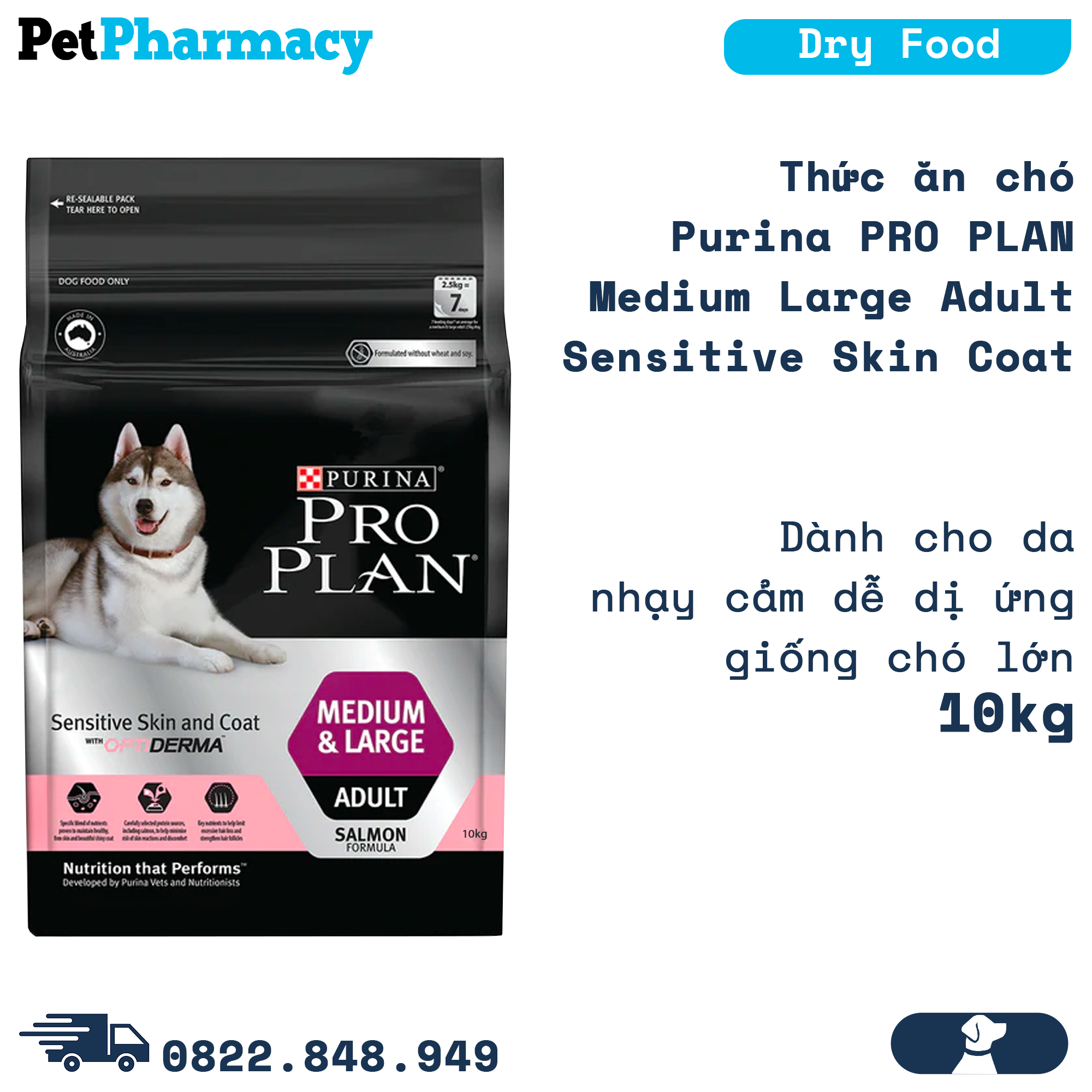  Thức ăn chó Purina PRO PLAN Medium Large Adult Sensitive Skin Coat 10kg - Dành cho da nhạy cảm dễ dị ứng giống chó lớn PetPharmacy 