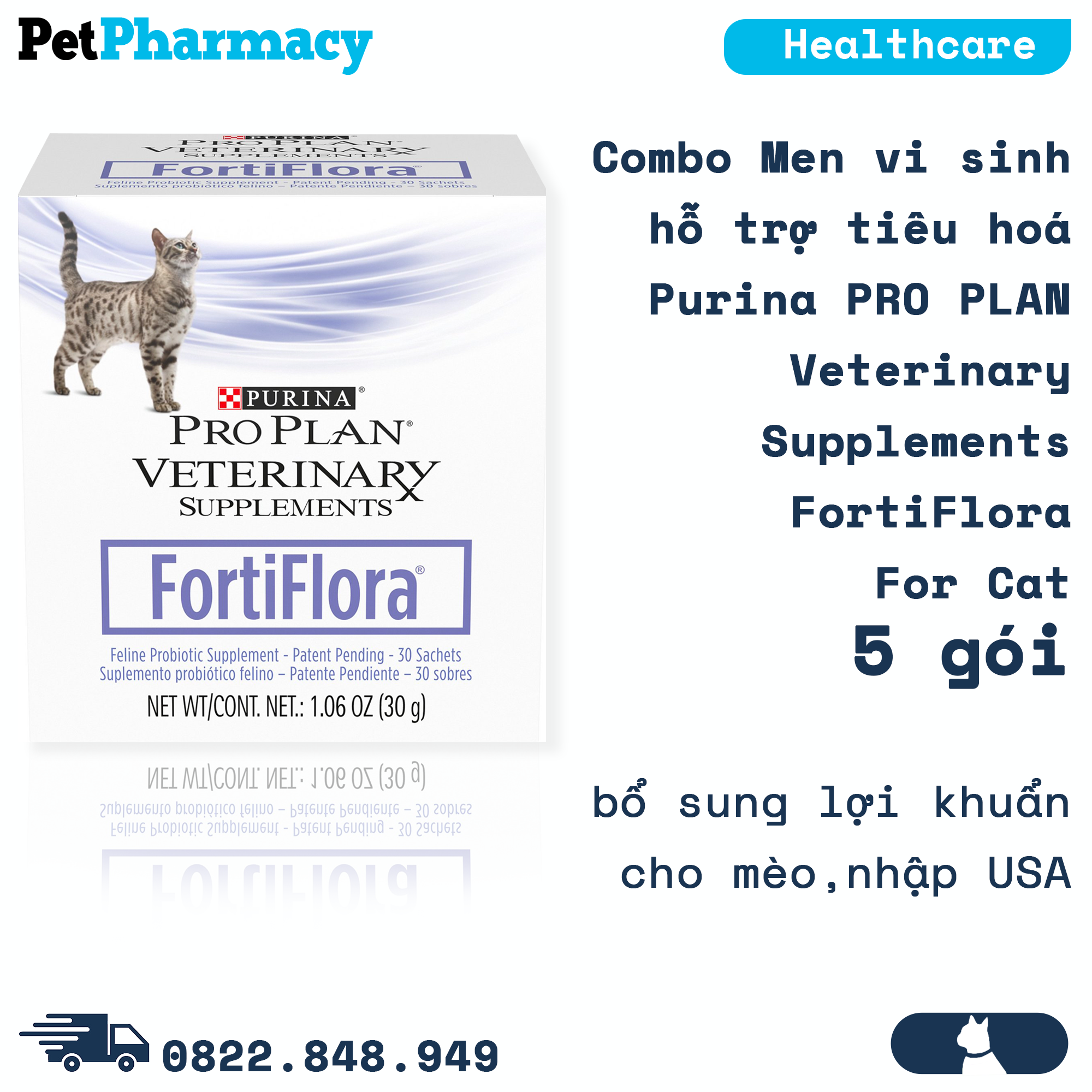  Men vi sinh hỗ trợ tiêu hoá Purina PRO PLAN Veterinary Supplements FortiFlora For Cat - Dành cho mèo nhập USA, PetPharmacy - Combo 5 gói 