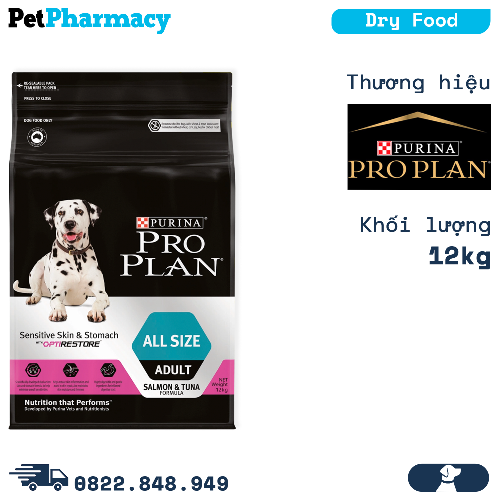 Thức ăn chó Purina PRO PLAN Sensitive Skin & Stomach Salmon, Tuna 12kg - Hỗ trợ tiêu hoá kém, mọi giống chó PetPharmacy 