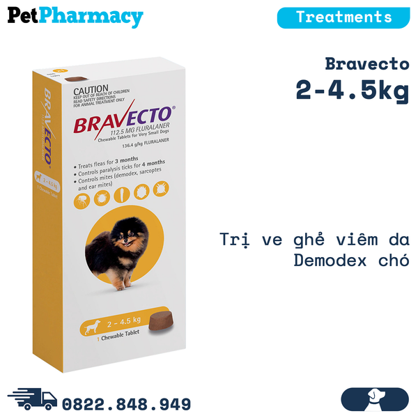  Bravecto 2-4.5kg - Trị ve ghẻ viêm da Demodex chó 