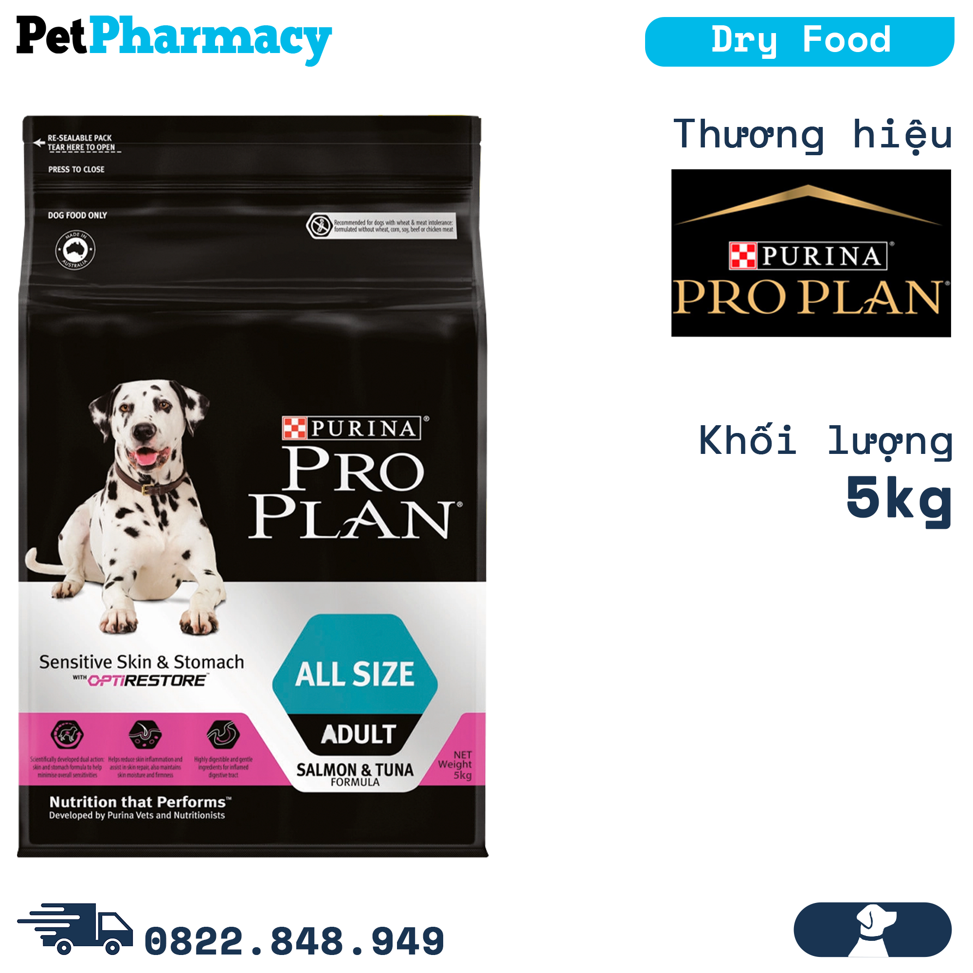 Thức ăn chó Purina PRO PLAN Sensitive Skin & Stomach Salmon, Tuna 5kg - Hỗ trợ tiêu hoá kém, mọi giống chó PetPharmacy 