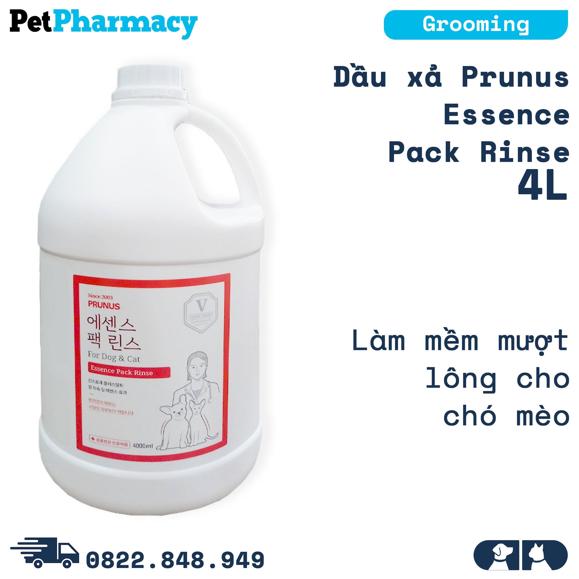  Dầu xả Prunus Essence Pack Rinse 4L  - Làm mềm mượt lông cho chó mèo PetPharmacy 