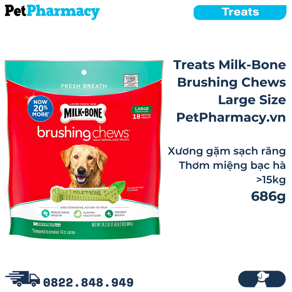  Treats Milk-Bone Brushing Chews Large 686g - 18 treats - Xương gặm sạch răng thơm miệng bạc hà >15kg PetPharmacy 