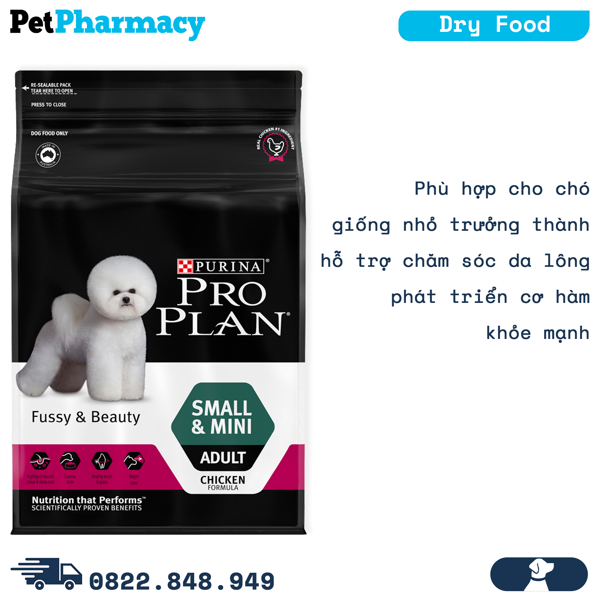  Thức ăn chó Purina PRO PLAN Small Mini Adult Fussy Beauty 7kg - chăm sóc da lông chó giống nhỏ PetPharmacy 