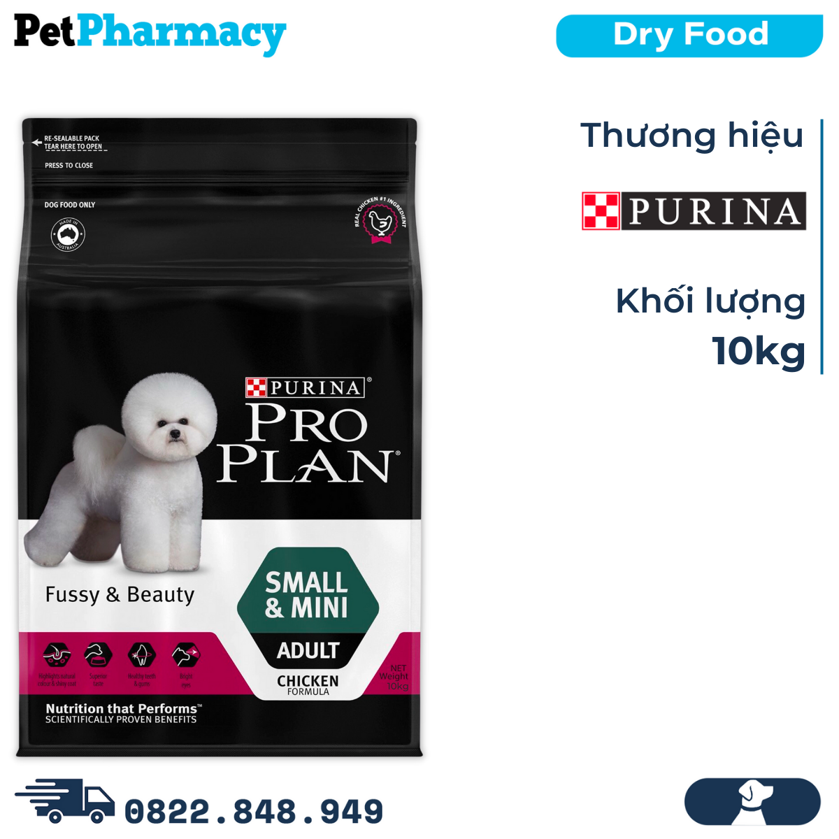  Thức ăn chó Purina PRO PLAN Small Mini Adult Fussy Beauty 10kg - chăm sóc da lông chó giống nhỏ PetPharmacy 