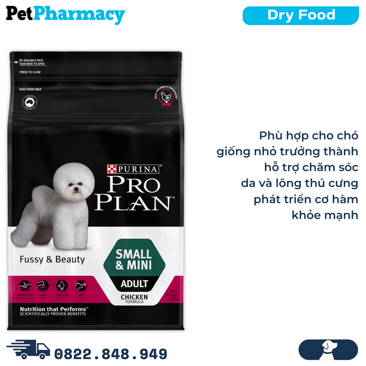  Thức ăn chó Purina PRO PLAN Small Mini Adult Fussy Beauty 2.5kg - chăm sóc da lông chó giống nhỏ PetPharmacy 