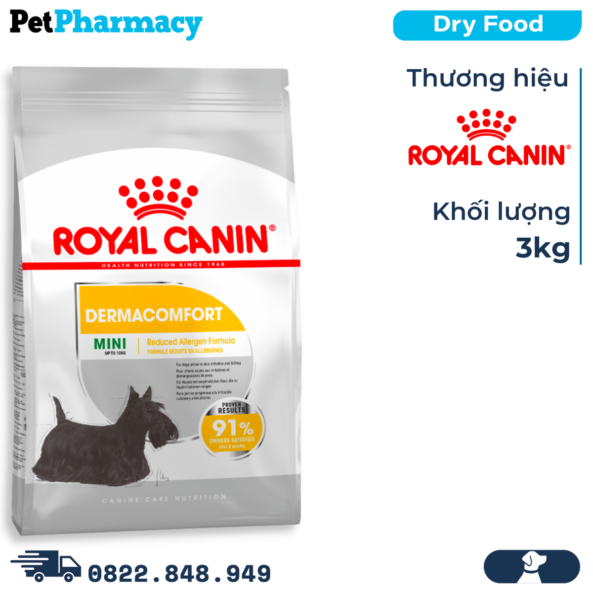  Thức ăn chó Royal Canin Mini Dermacomfort 3kg - Hỗ trợ dị ứng, cho giống chó nhỏ < 10kg PetPharmacy 