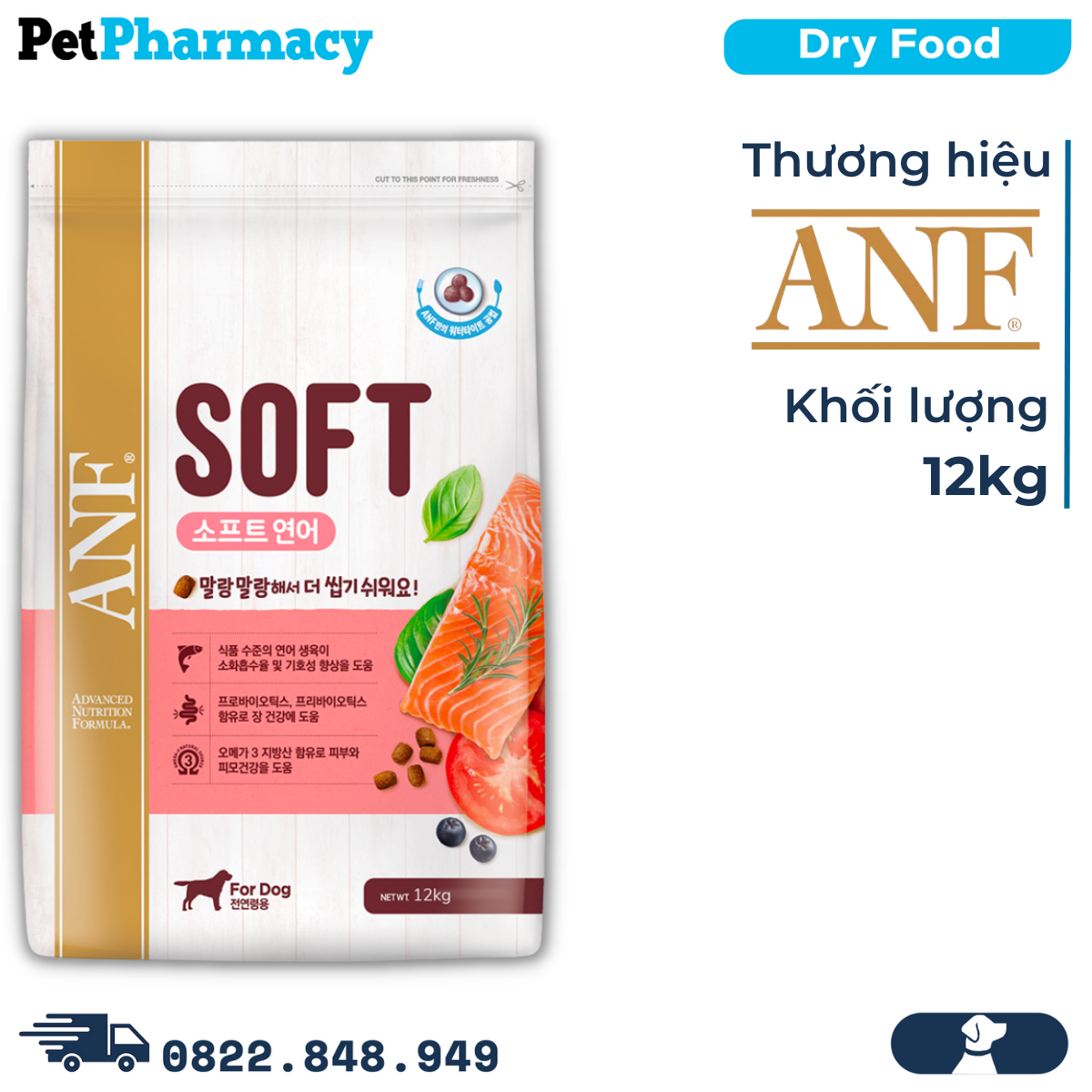  Thức ăn chó ANF Soft Salmon 12kg - Hạt mềm vị Cá Hồi PetPharmacy 