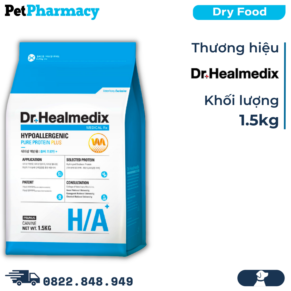  Thức ăn chó Dr.Healmedix Hypoallergenic Pure Protein Plus H/A 1.5kg - Hỗ trợ giảm dị ứng PetPharmacy 