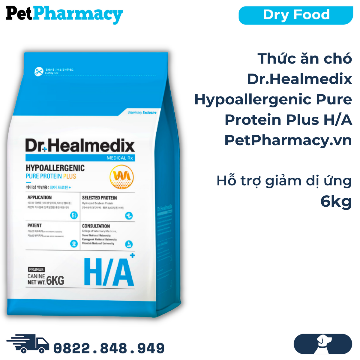  Thức ăn chó Dr.Healmedix Hypoallergenic Pure Protein Plus H/A 6kg - Hỗ trợ giảm dị ứng PetPharmacy 