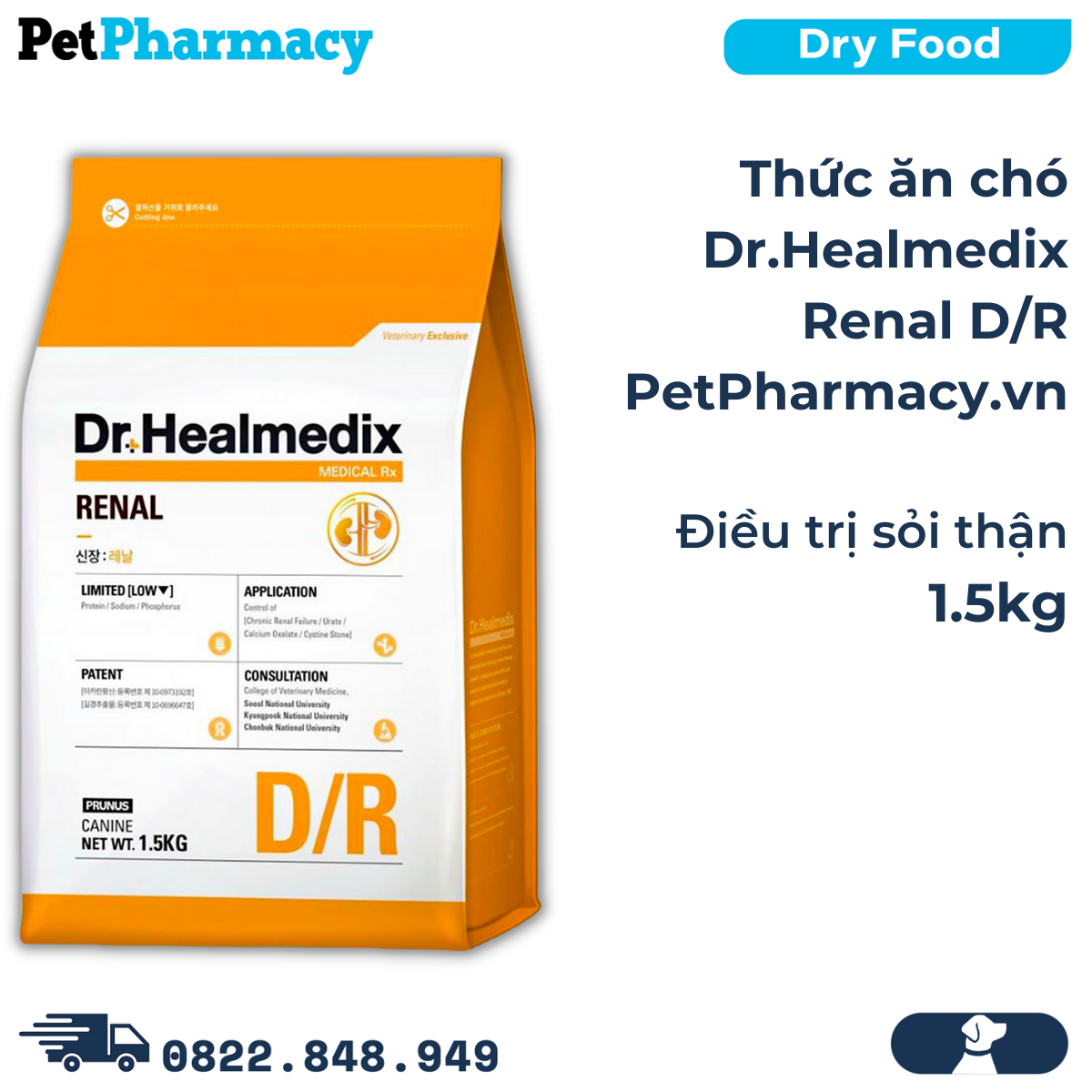  Thức ăn chó Dr.Healmedix Renal D/R 1.5kg - Trị sỏi thận PetPharmacy 