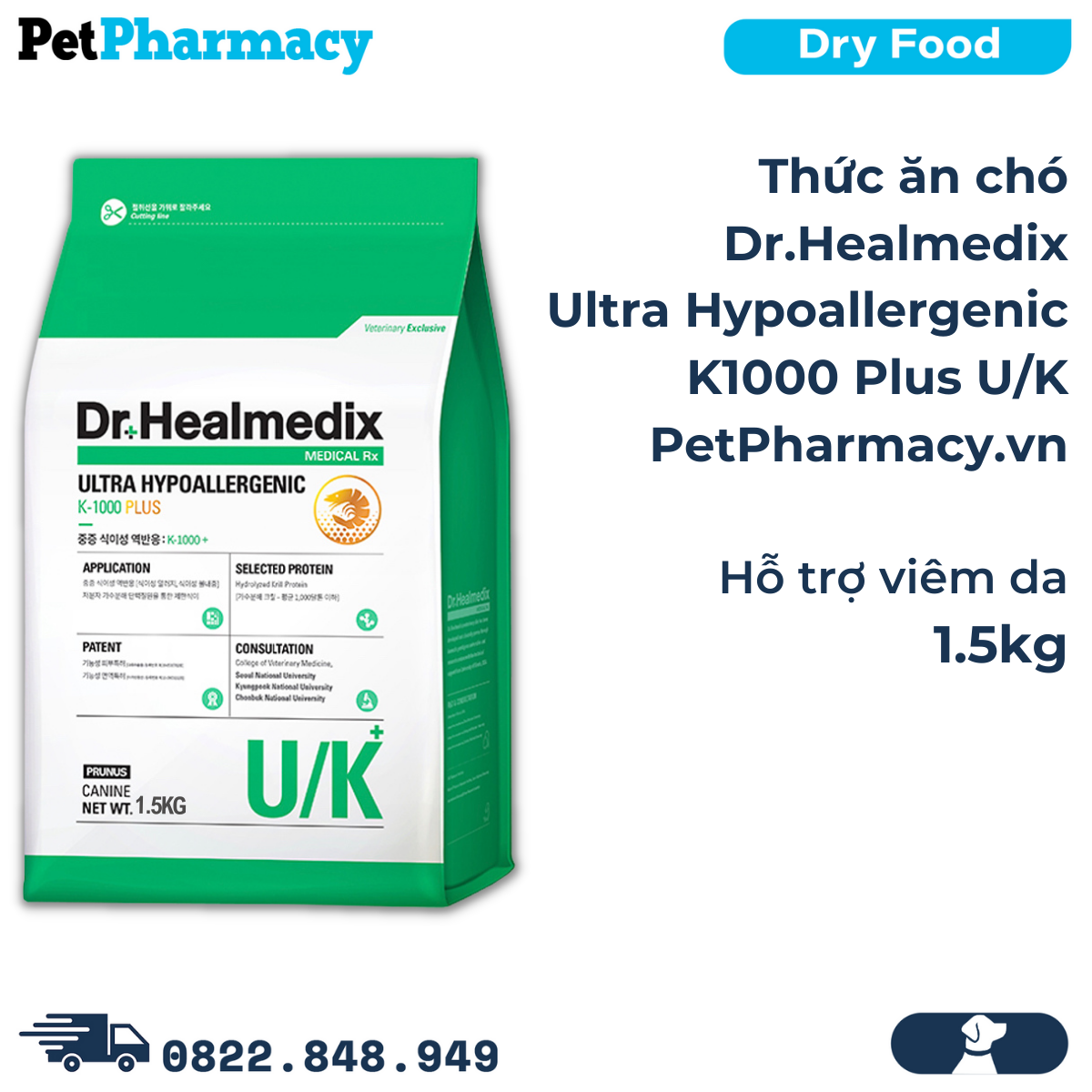  Thức ăn chó Dr.Healmedix Ultra Hypoallergenic K1000 Plus U/K 1.5kg - hỗ trợ viêm da PetPharmacy 