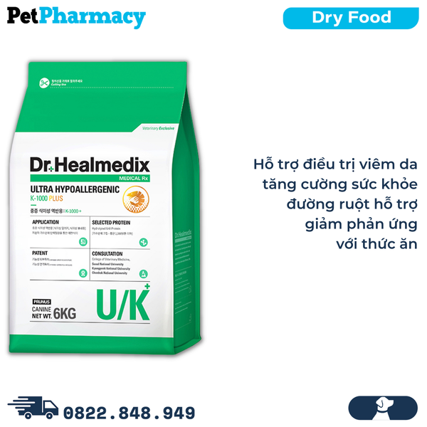  Thức ăn chó Dr.Healmedix Ultra Hypoallergenic K1000 Plus U/K 6kg - hỗ trợ viêm da PetPharmacy 