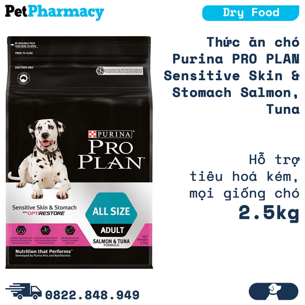  Thức ăn chó Purina PRO PLAN Sensitive Skin & Stomach Salmon, Tuna 2.5kg - Hỗ trợ tiêu hoá kém, mọi giống chó PetPharmacy 