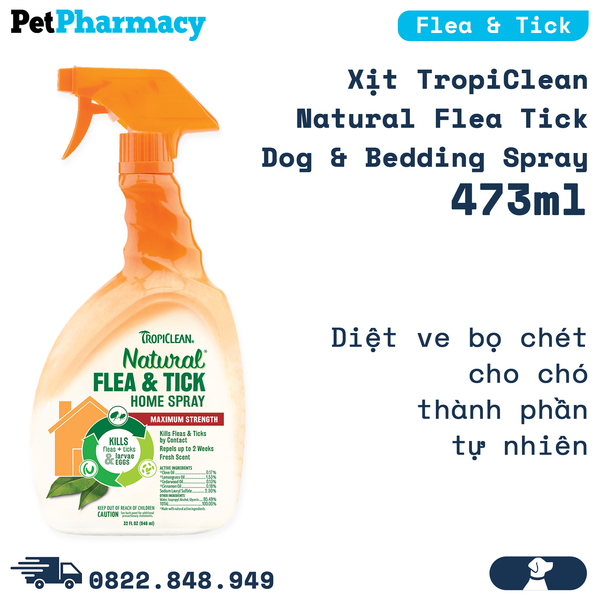  Xịt TropiClean Natural Flea Tick Dog & Bedding Spray 473ml - Diệt ve bọ chét cho chó thành phần tự nhiên PetPharmacy 