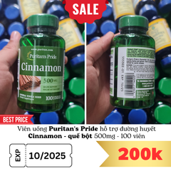Viên uống hỗ trợ đường huyết Puritan's Pride Cinnamon bột quế 500mg 100 viên - ổn định đường huyết