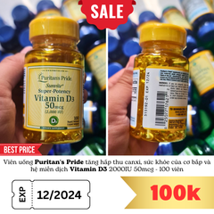 Viên uống Puritan's Pride Vitamin D3 2000IU 50mcg 100 viên - tăng hấp thu canxi, sức khỏe của cơ bắp và hệ miễn dịch