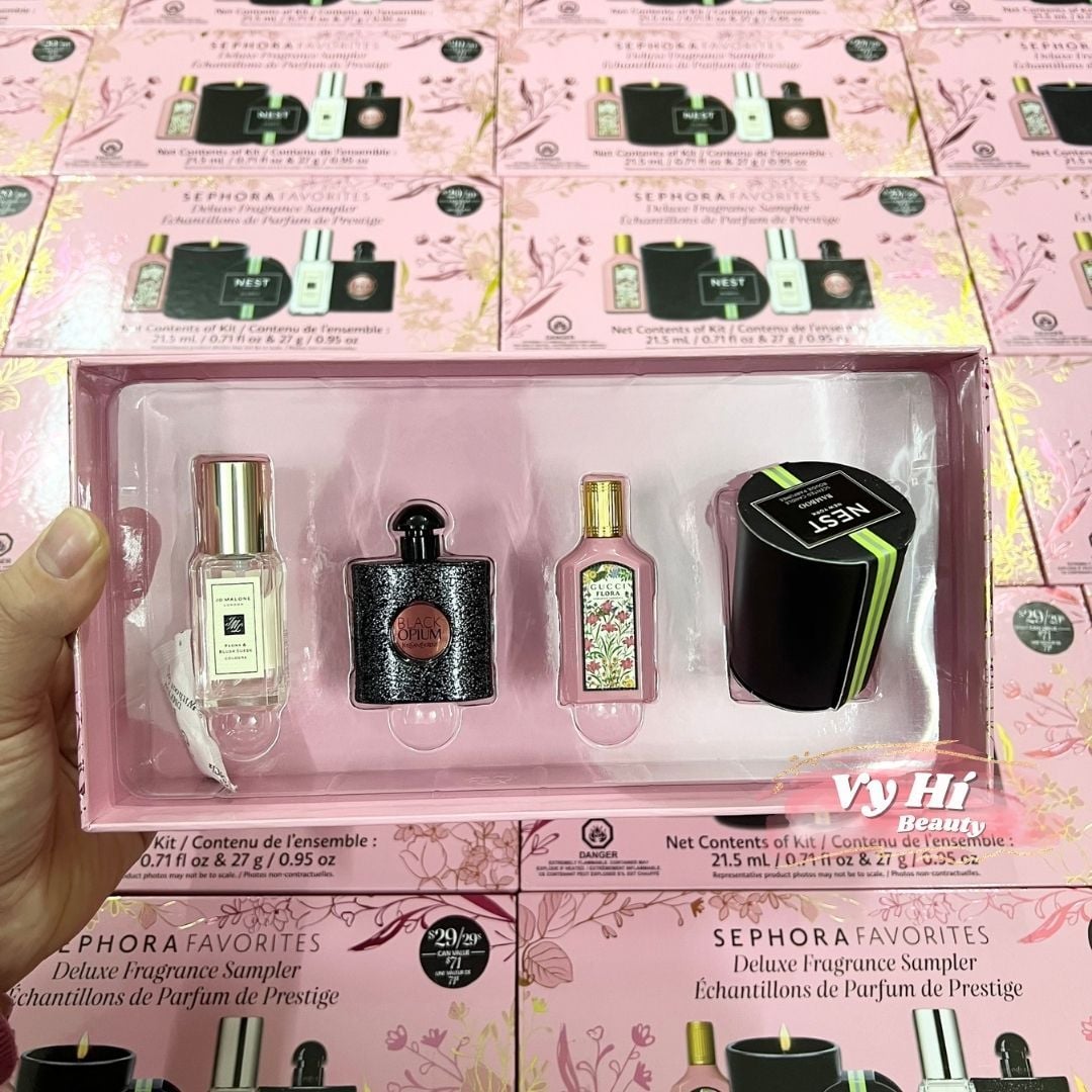 Set nước hoa Sephora gồm 1 nước hoa Gucci Flora Gorgeous Gardenia mini 5ml + 1 nước hoa Jo Malone Peony & Blush Suede mini 9ml + 1 nước hoa YSL Black Opium mini 7.5ml + 1 nến thơm Nest Bougie Bamboo 27g