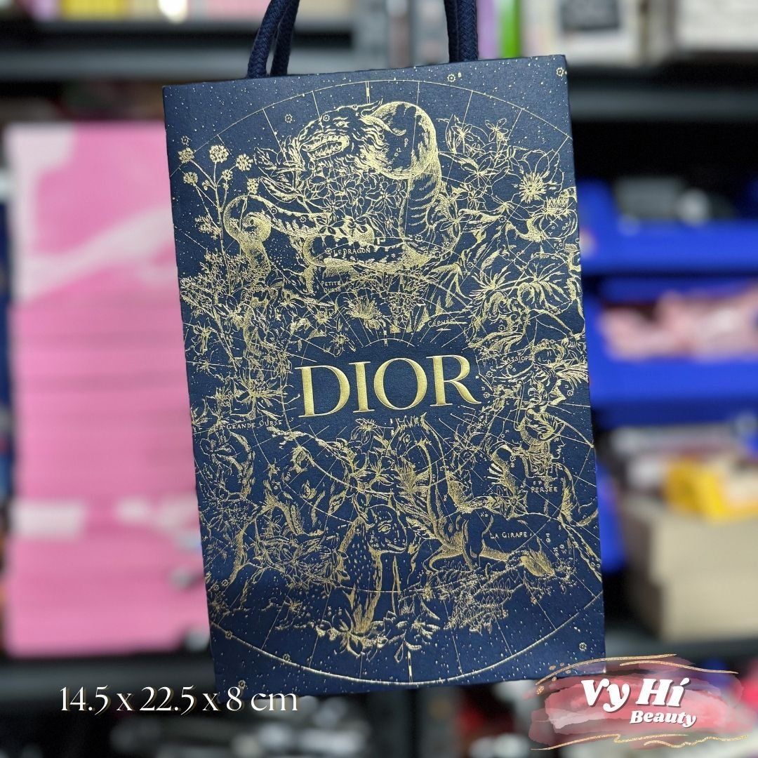 Túi giấy Dior Xmas Long size shop bag size 14.5 x 22.5 x 8 cm xanh trắng hoa văn