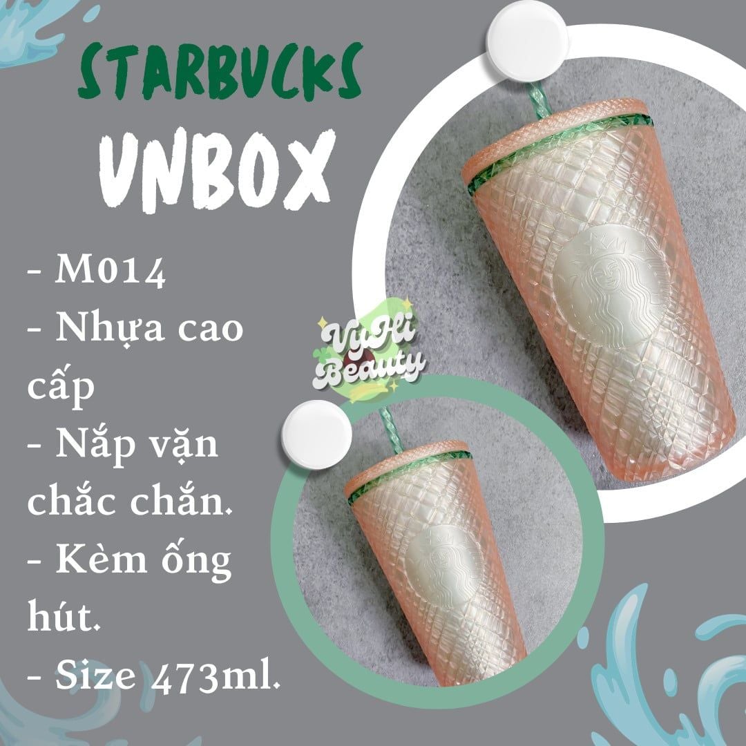 Ly Starbucks The Siren hồng nhạt viền xanh họa tiết chéo 473ml