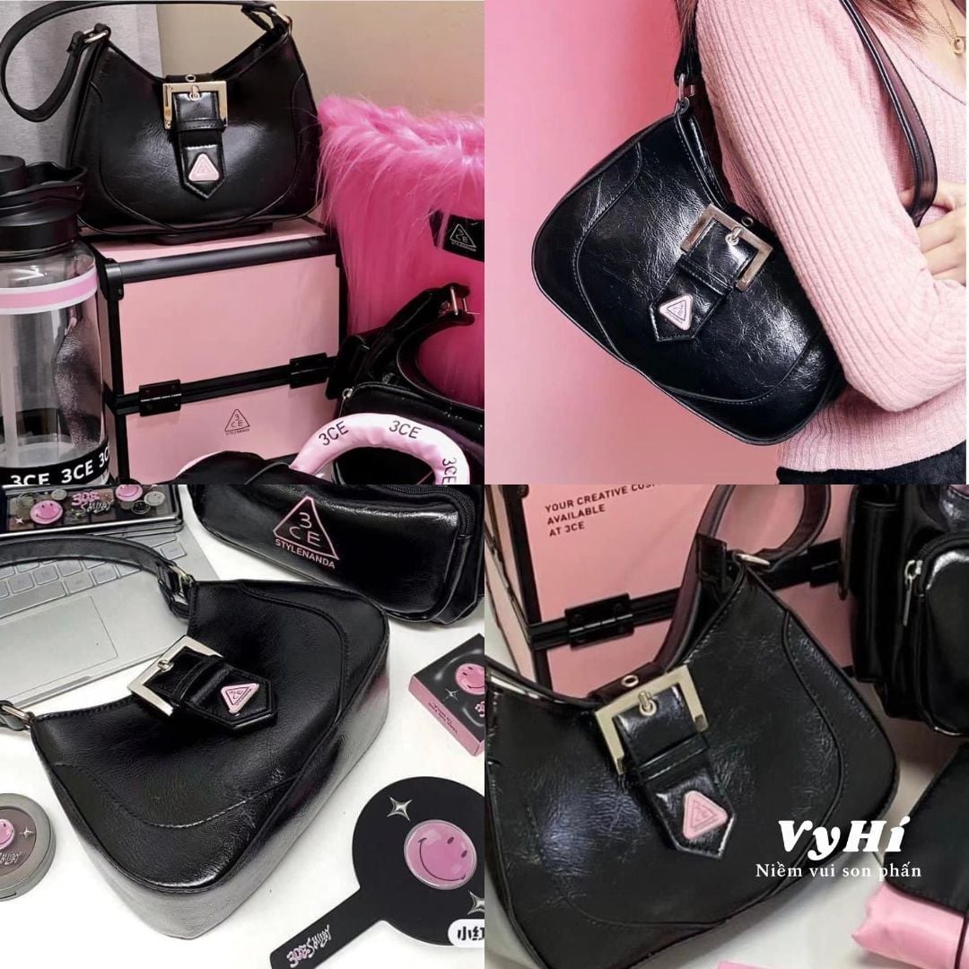 Túi gift 3CE ĐEN logo hồng 22 x 8 x 11 cm