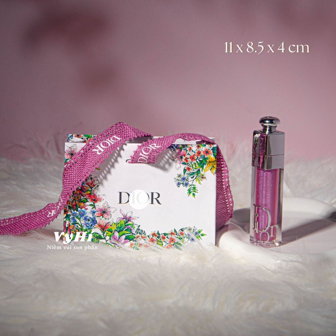 Túi giấy Dior hoạ tiết hoa hồng nơ hồng size 19.5 x 14 x 7 cm
