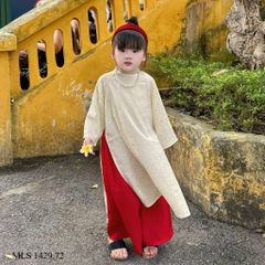 Áo dài gấm Melisa màu trắng hoa chìm + quần đỏ + bờm size 2 -12y