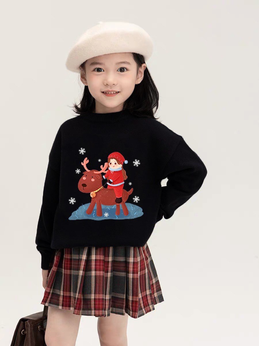 Bộ Melisa áo da cá đen tuần lộc / be cún  - chân váy kaki liền quần kẻ đỏ size 2 - 12y