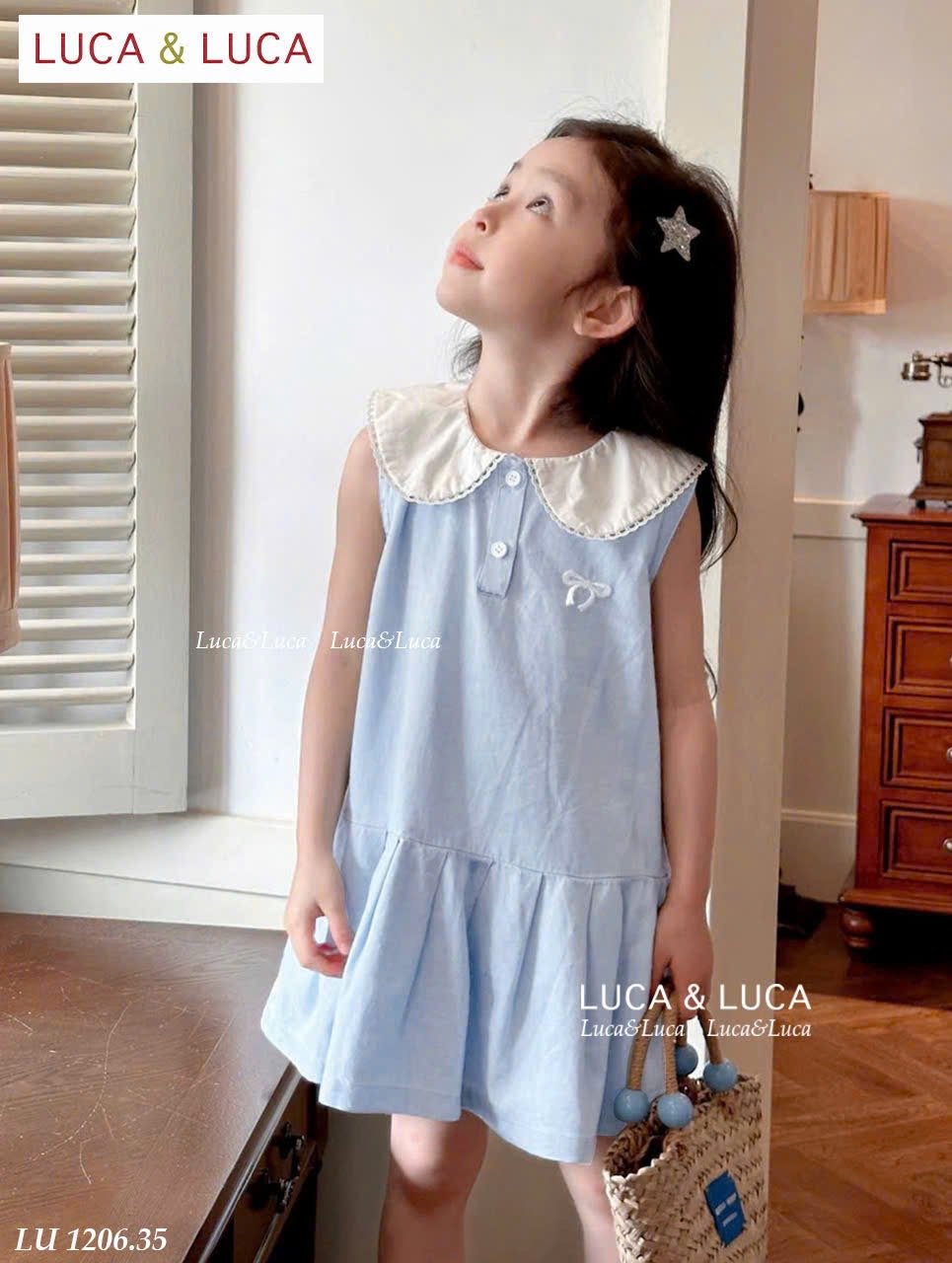 LU 1206 - Váy Luca sát nách cổ sen trắng thêu nơ ngực 2 màu hồng/xanh bé gái size 2-12y