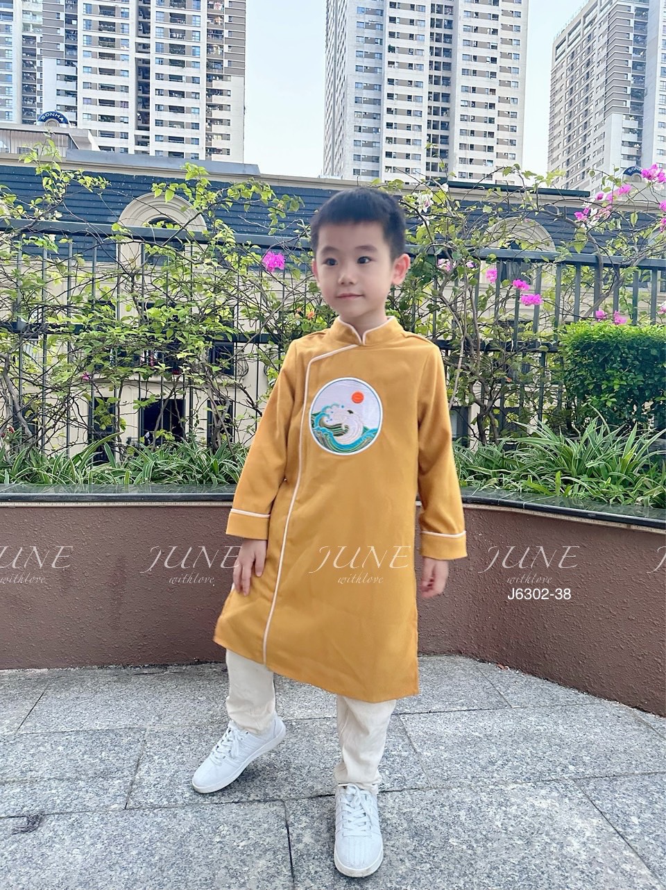 Áo dài nhung June thêu ngực 3 màu Bé Trai size 1 - 10y