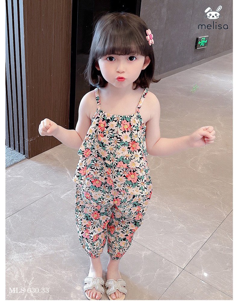 Bộ thô lanh Melisa áo 2 dây xếp bèo - quần boom 2 màu hoa size 2 - 11y