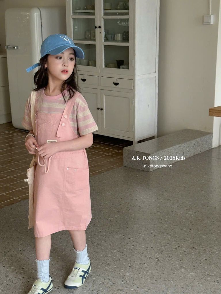 Set áo kẻ + yếm kaki hồng QC cho bé gái size 110-150