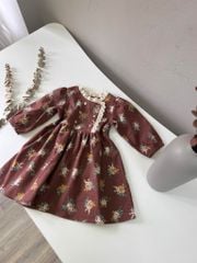 Váy cà bông Harifa nâu hoa vàng cổ viền ren