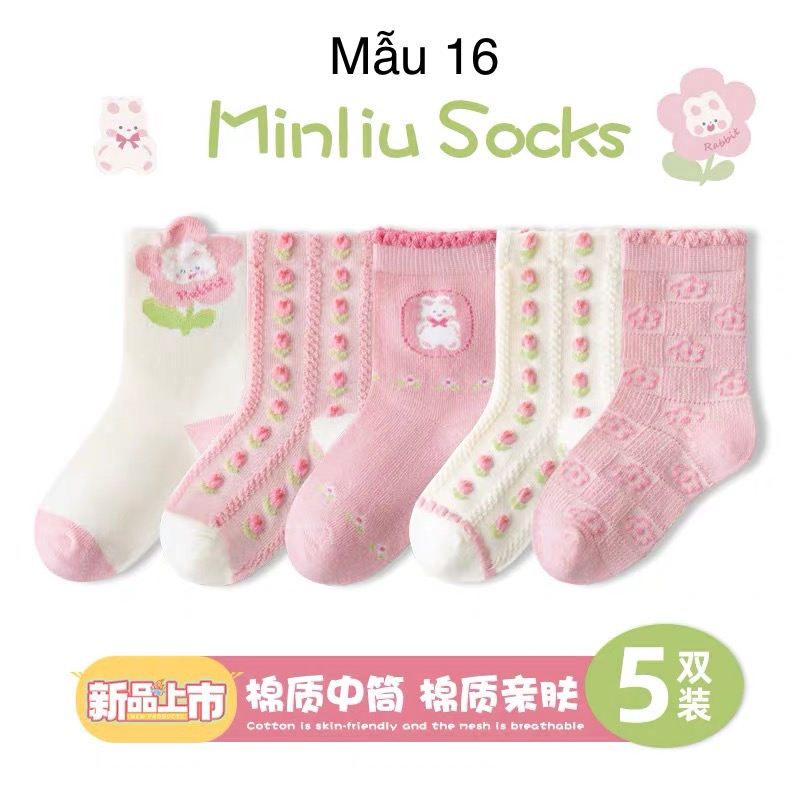 Set 5 tất Minliu Kids Socks nhiều hình Bé Gái size 2 - 12y